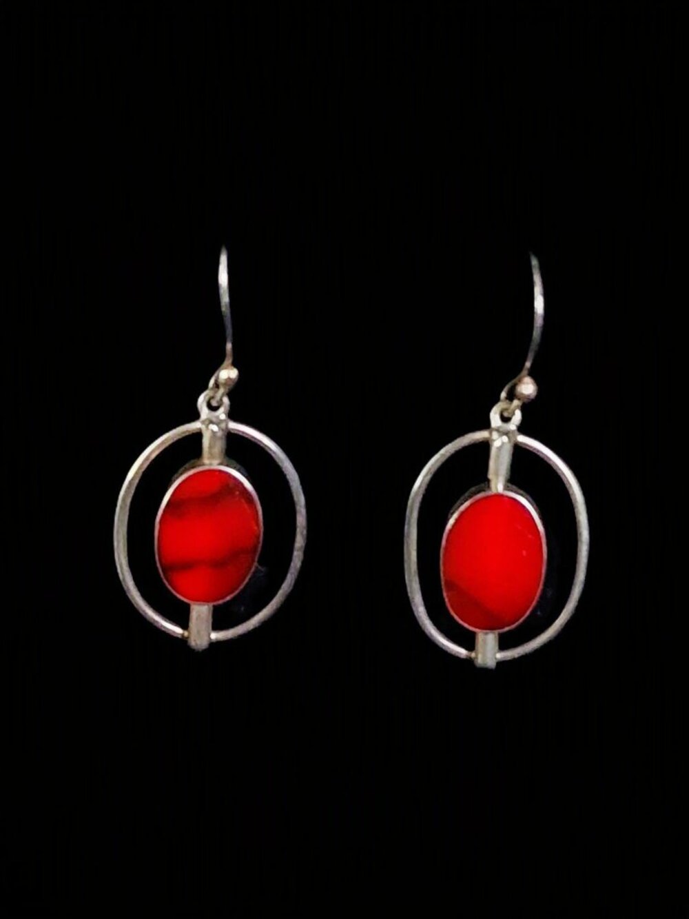 Vtg 80s Taxco Mexico 925 Sterling Reversible Red Jasper Abalone Orbit Earrings